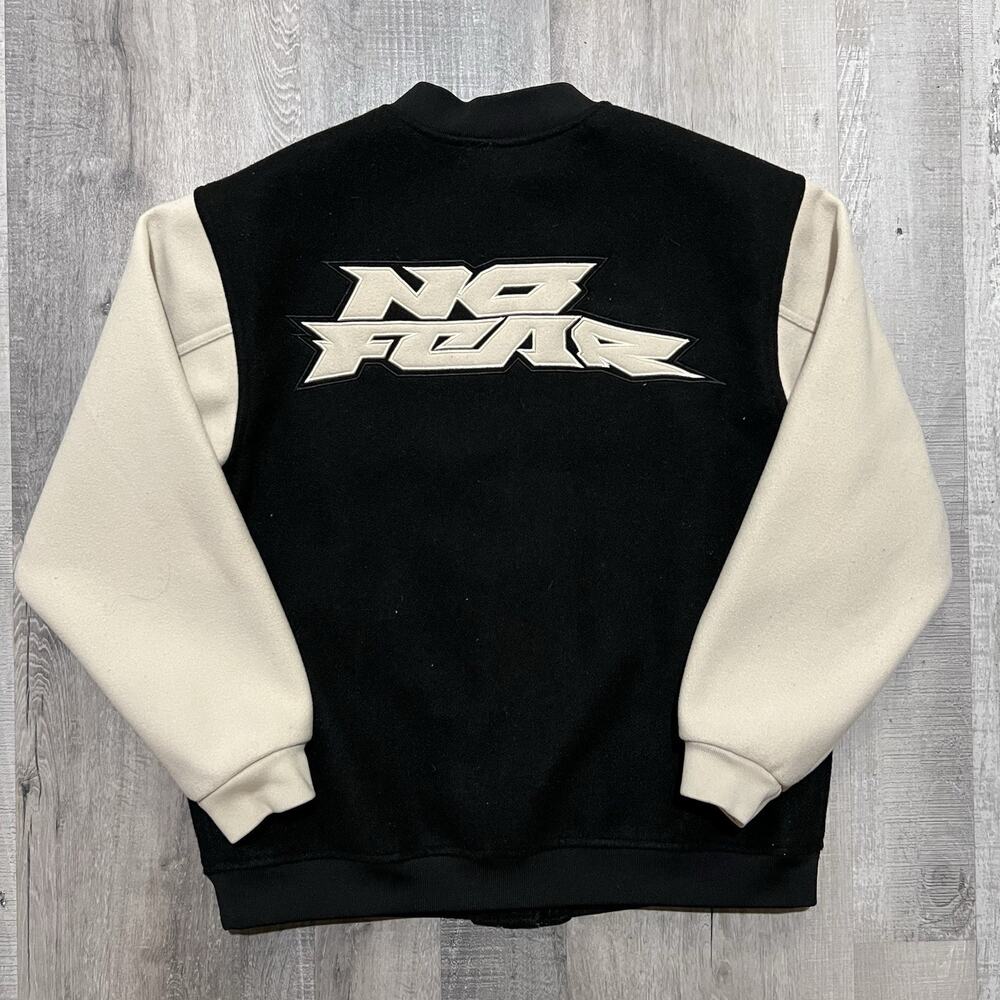 No Fear x HM Varsity Bomber Jacket Mens S Black Cream Embroidered Streetwear MX